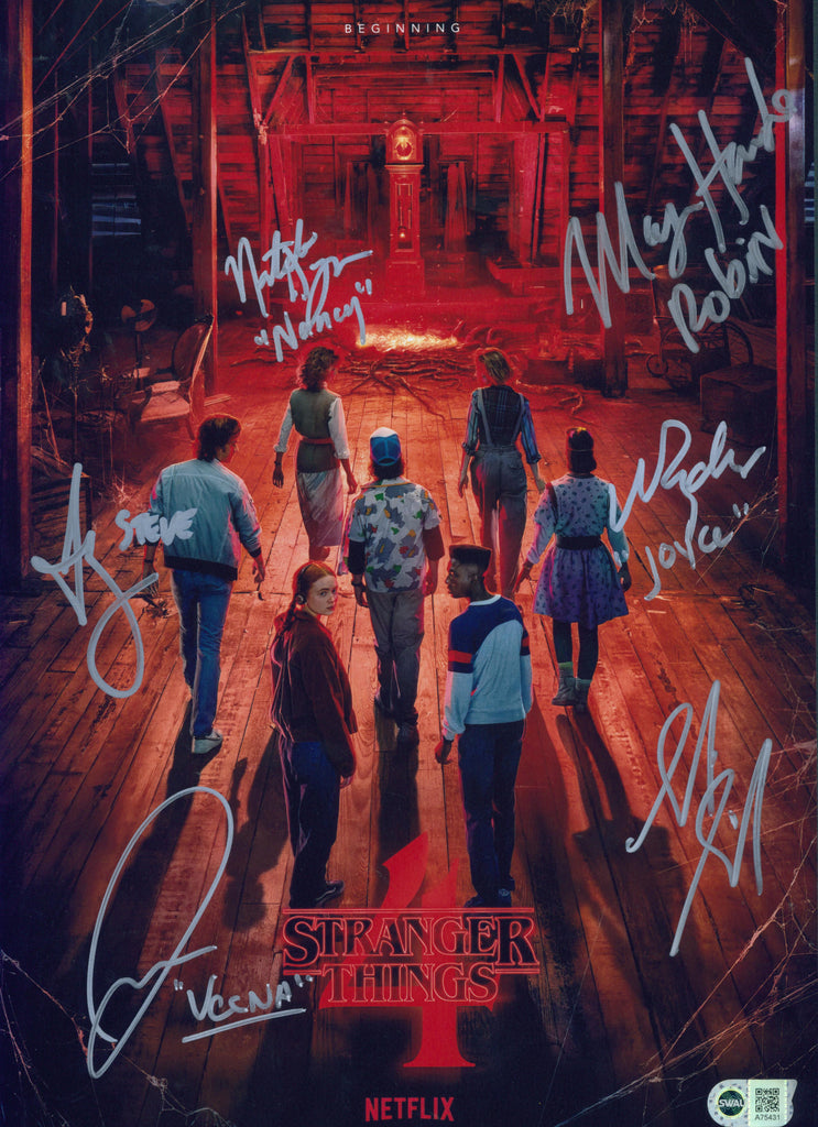 Winona Ryder, Maya Hawke, Joe Keery, Sadie Sink, Jamie Campbell Bowers & Natalia Dyer Signed 11x17 Photo - SWAU Authenticated