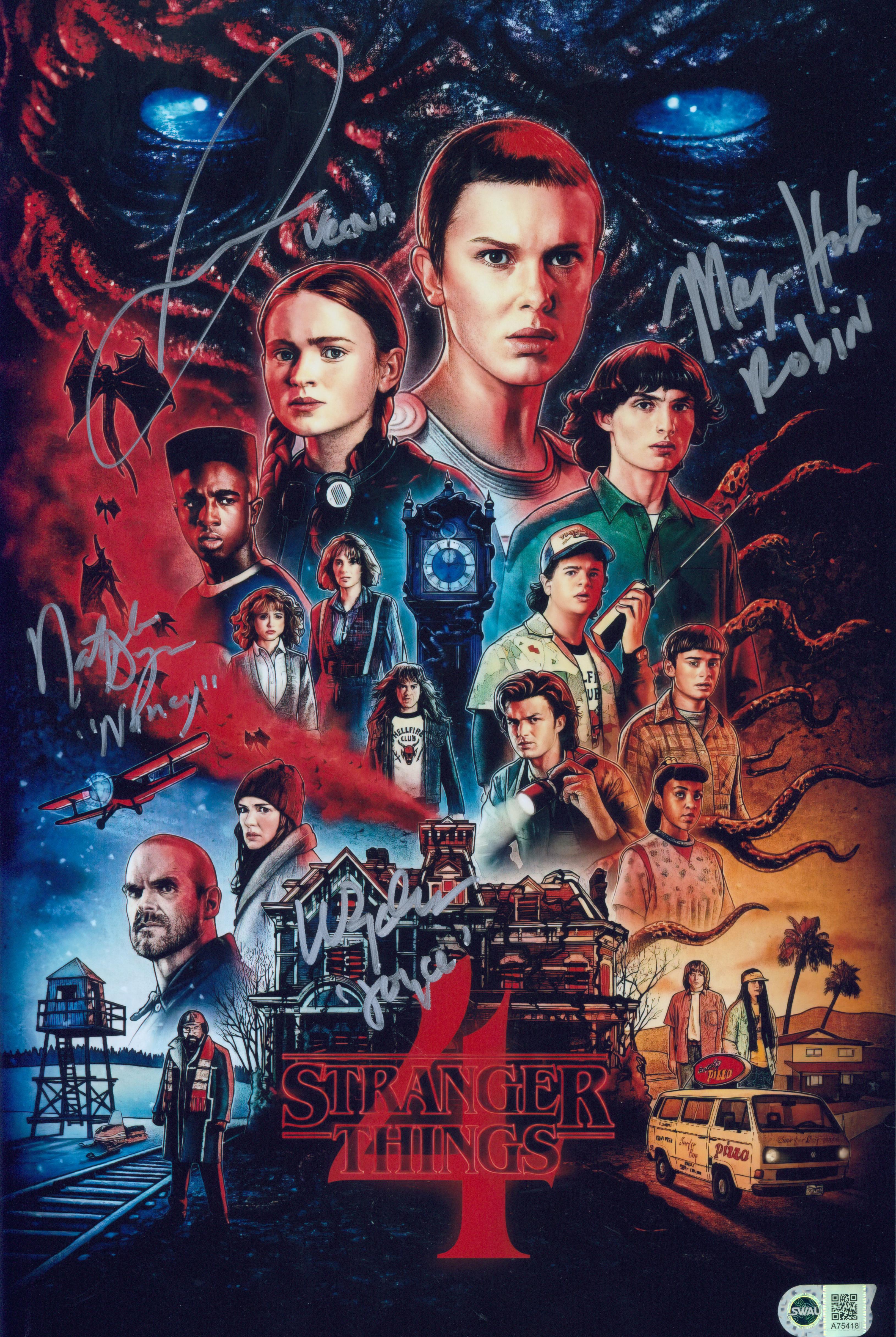 Winona Ryder, Maya Hawke, Jamie Campbell Bowers & Natalia Dyer Signed 11x17 Photo - SWAU Authenticated - SWAU